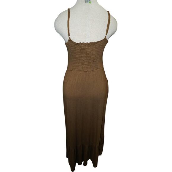 Evereve Brown Midi Dress – Size M – Smocked Back, Spaghetti Straps, Pockets - Picture 9 of 10